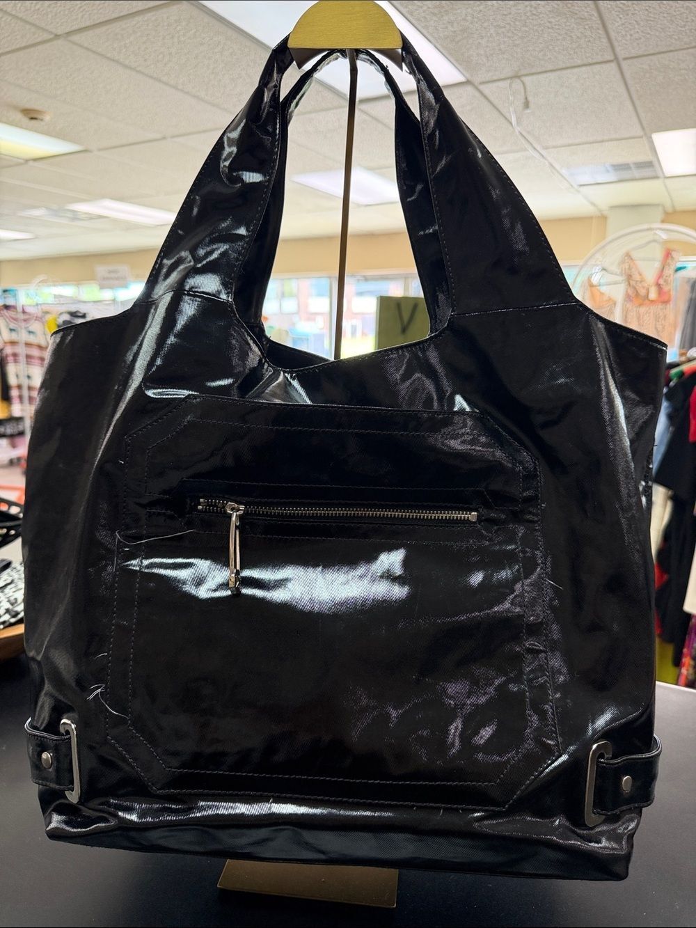 Maxx New York Black Patent Tote with Front Zip Pocket